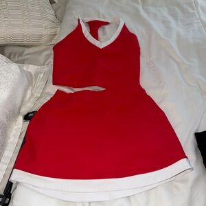 Red Girls Two-Piece Halter Top and Skirt Set with White Trim